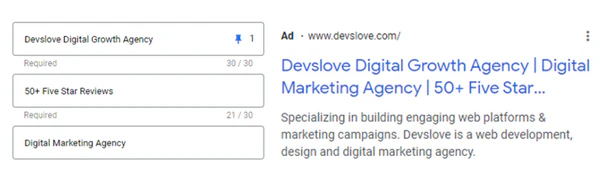 Devslove branded search ad with the brand name pinned to headline 1, showing the pinned headline fields next to the live ad preview
